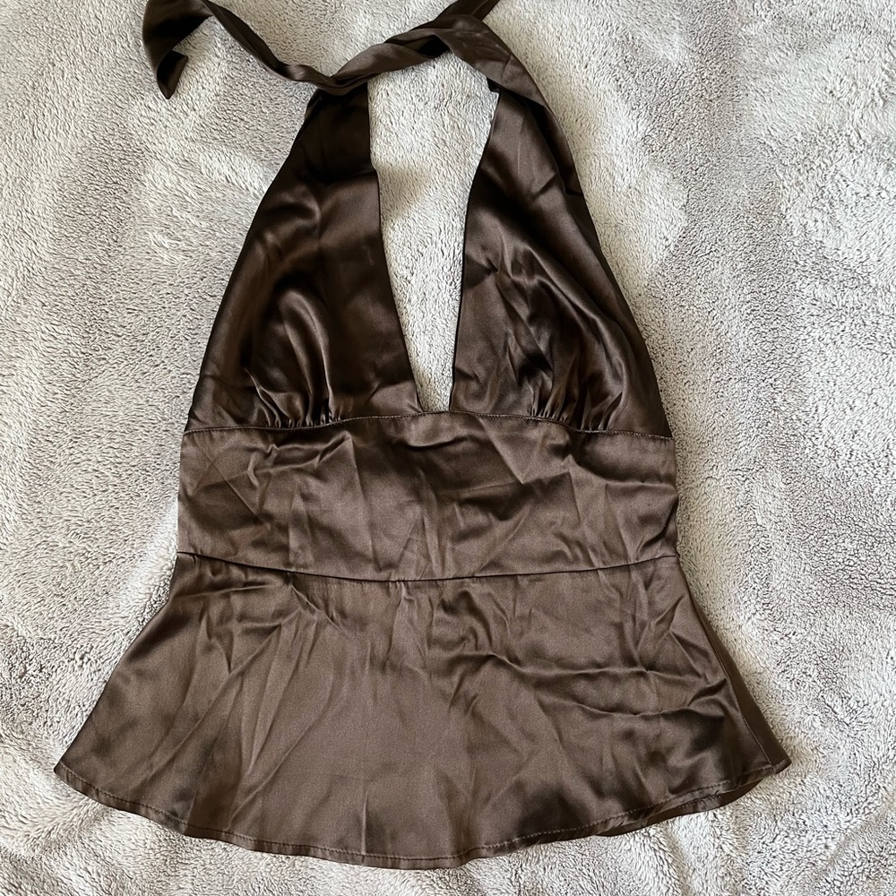 Eva Franco Dark Brown Silk Peplum Halter Top- Size 6
